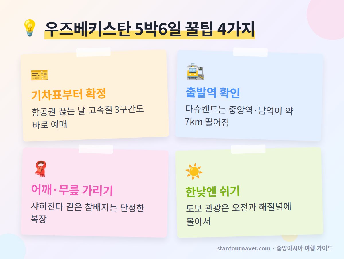 우즈베키스탄 여행 코스 꿀팁 - 기차 예매 출발역 확인 복장 한낮 휴식